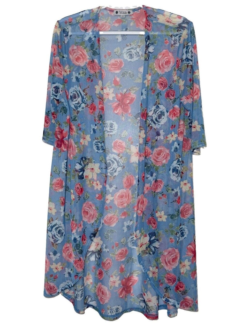 Wilde Floral Mesh Duster Cardigan Blue Pink Roses Open Front Sheer Women M